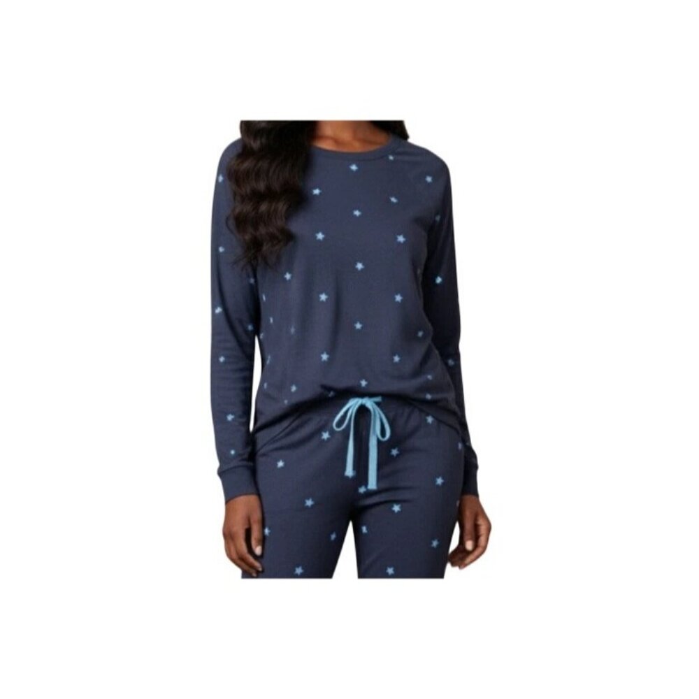 Insomniax Womens Long-Sleeve Star Print Pullover Top Navy Blue Lightweight Fabri